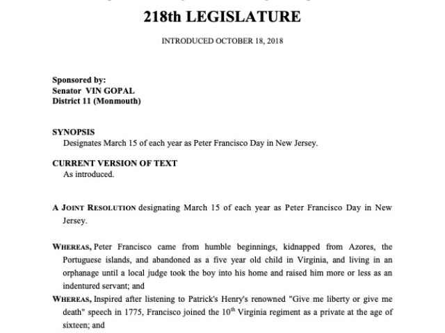 State of New Jersey Resolution for Peter Francisco Day